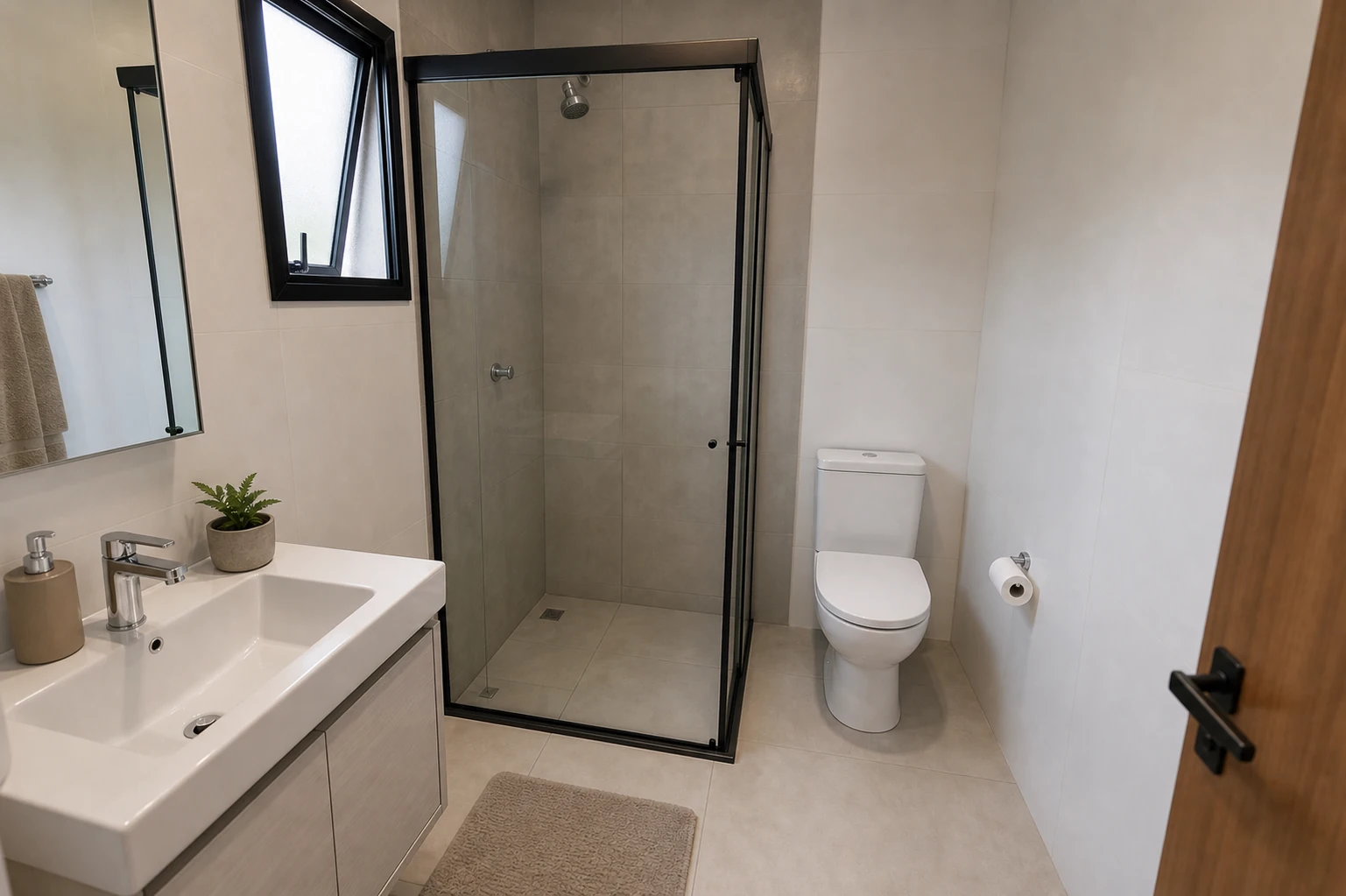 Banheiro completo com bancada, box de vidro, janela e vaso sanitário
