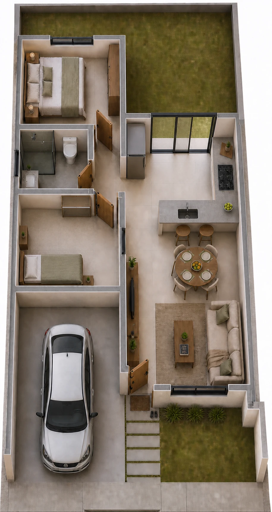 Planta humanizada com garagem, sala e cozinha integradas, dois dormitórios, banheiro e porta da cozinha para o quintal