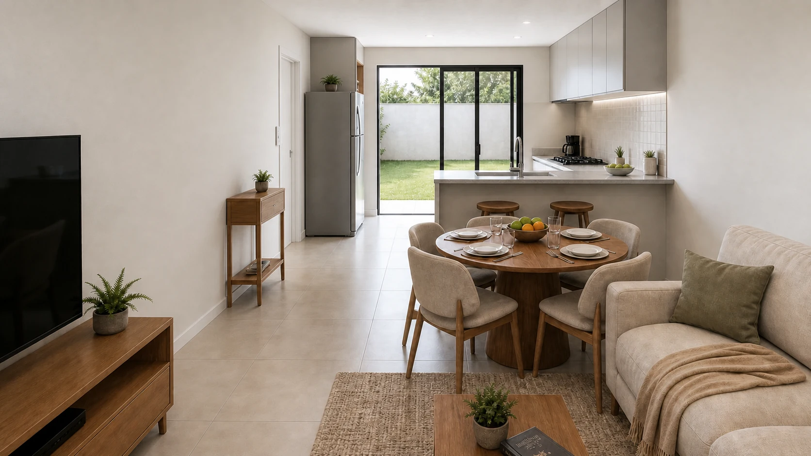 Vista da sala de estar e jantar em direção à cozinha e à porta de vidro para o quintal